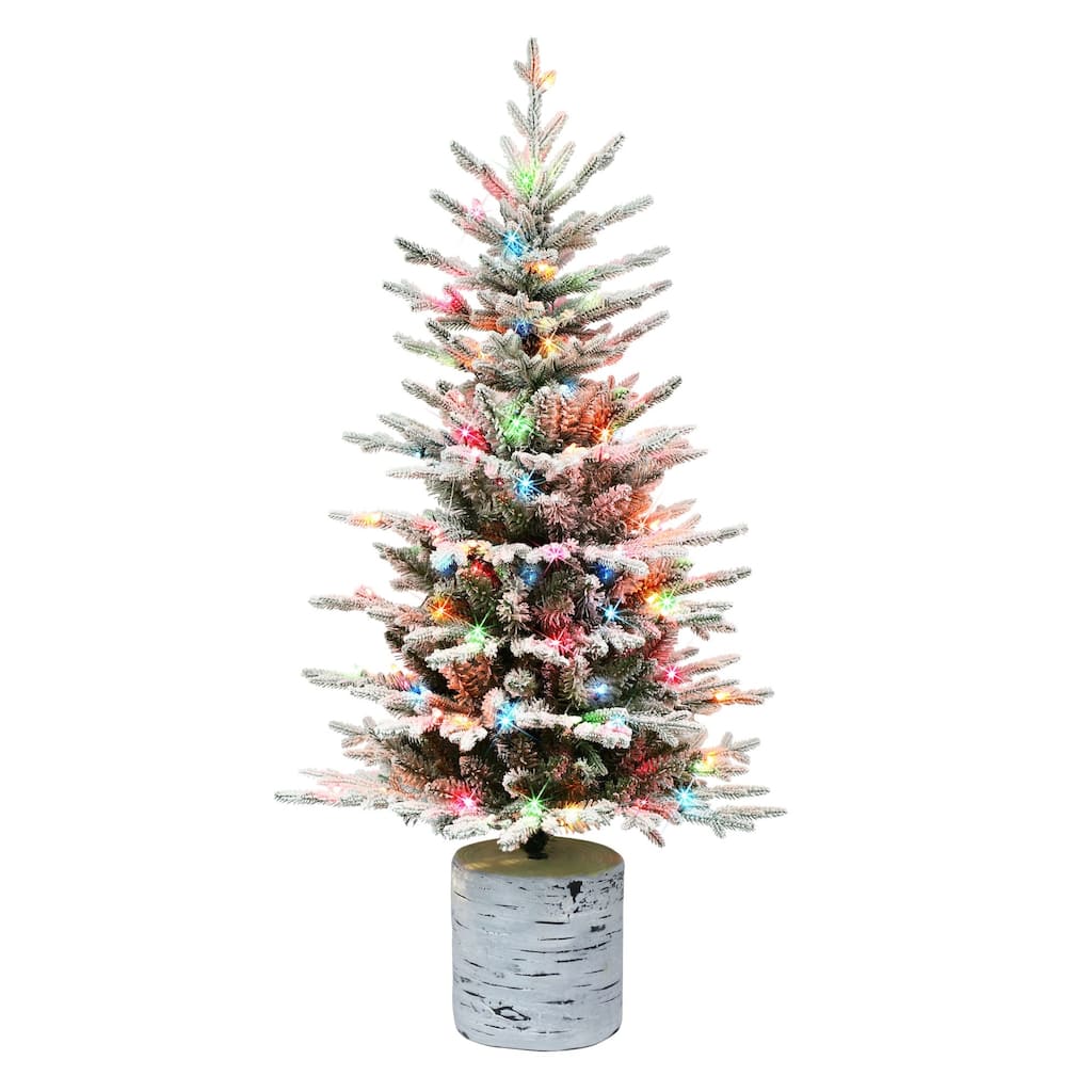 4.5' Potted Flocked Pine Slim Artificial Christmas Tree Multi Lights - 4.5 Foot