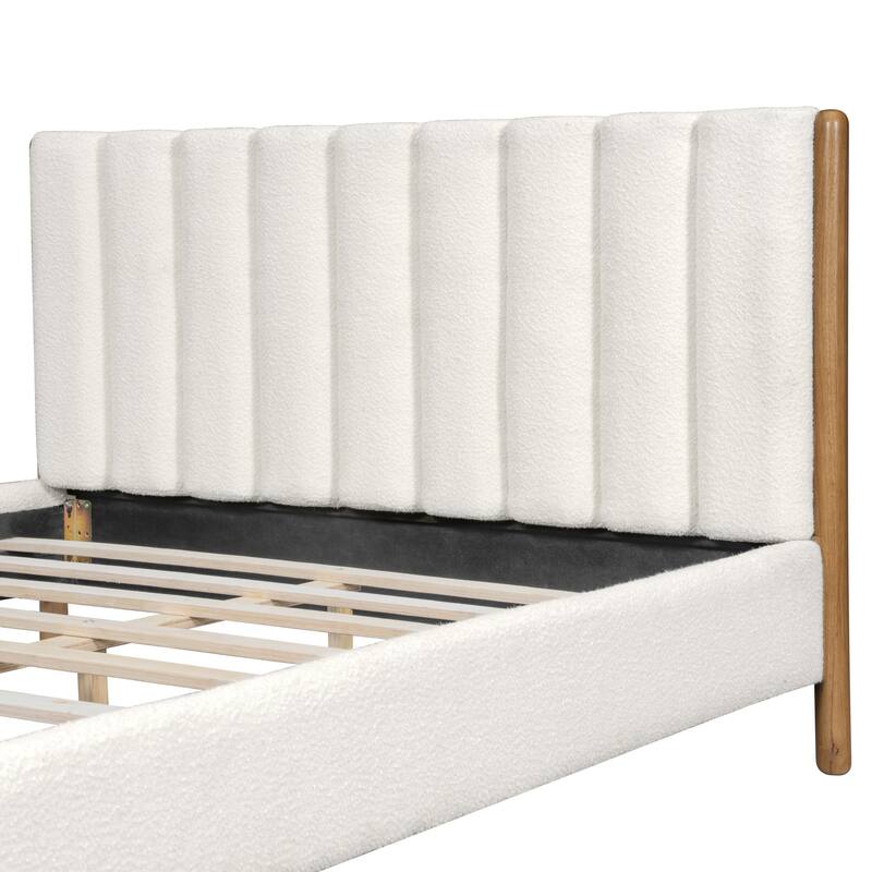 Queen Size Bed Frame with Upholstered Headboard, Solid Wood Legs, White