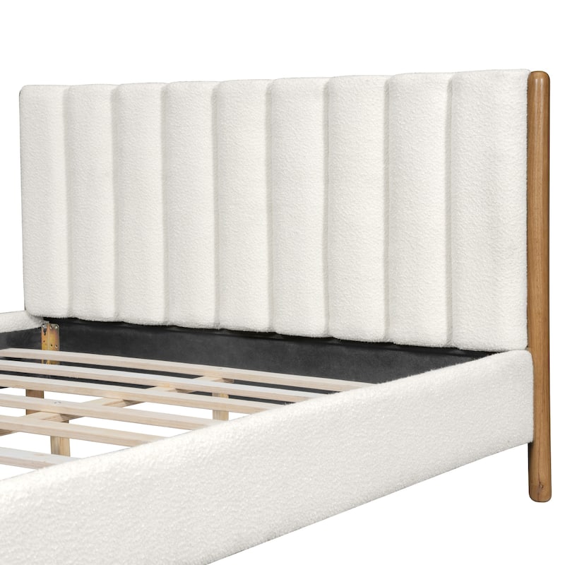 White Upholstered Fabric Bed Frame Platform Bed with Vertical Channel Tufted Headboard, Rubberwood Legs, No Box Spring Needed