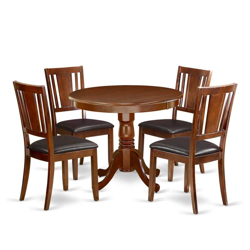 HomeStock 5-Piece Round Mahogany Finish Solid Wood Top Dining table with 4-Chairs with Lattice Back