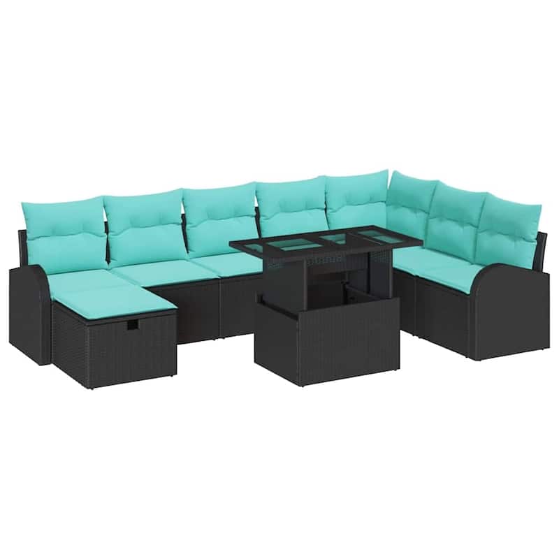 vidaXL 9 Garden Sofa Set with Cushions Black/Brown/Grey Poly Rattan - 113.8 x 70.5 x 27.2