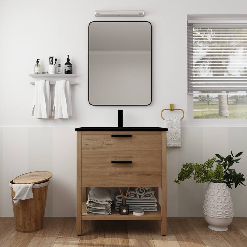 GDFStudio - Everett Modern Freestanding Bathroom Vanity with Dual Soft-Close Drawers - 30 Inch - Imitative Oak + Black Ceramic Sink