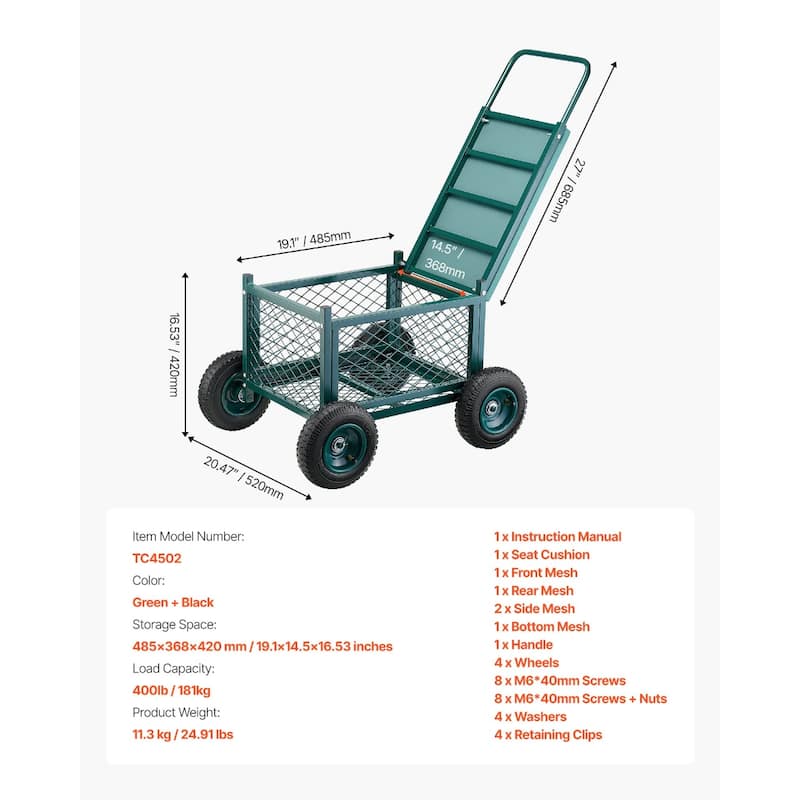 Green and Black Heavy-Duty All Metal Rolling Garden Cart with EVA Seat and Rubber Wheels - 19.1 x 14.5 x 16.53 inch