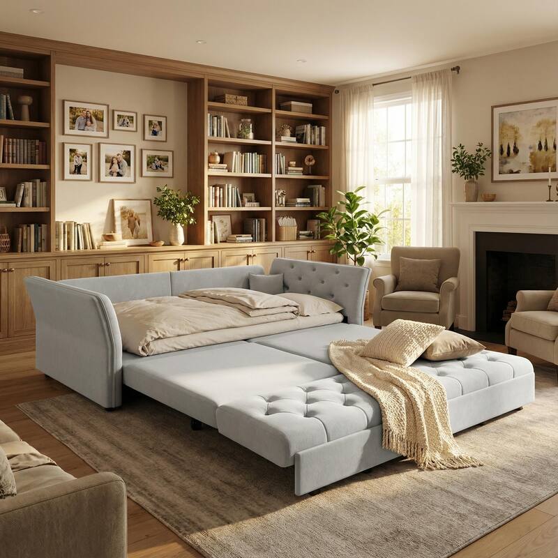 Homy Casa 100"/74" Oversize 4-Seater Convertible Pull Out Sofa Bed with Flower Tufted Velvet - 3-Grey