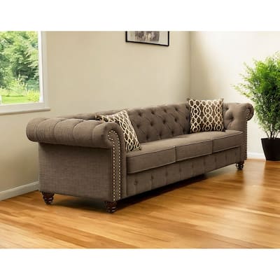 HomeRoots 90" Brown Linen Chesterfield Sofa And Toss Pillows - 90