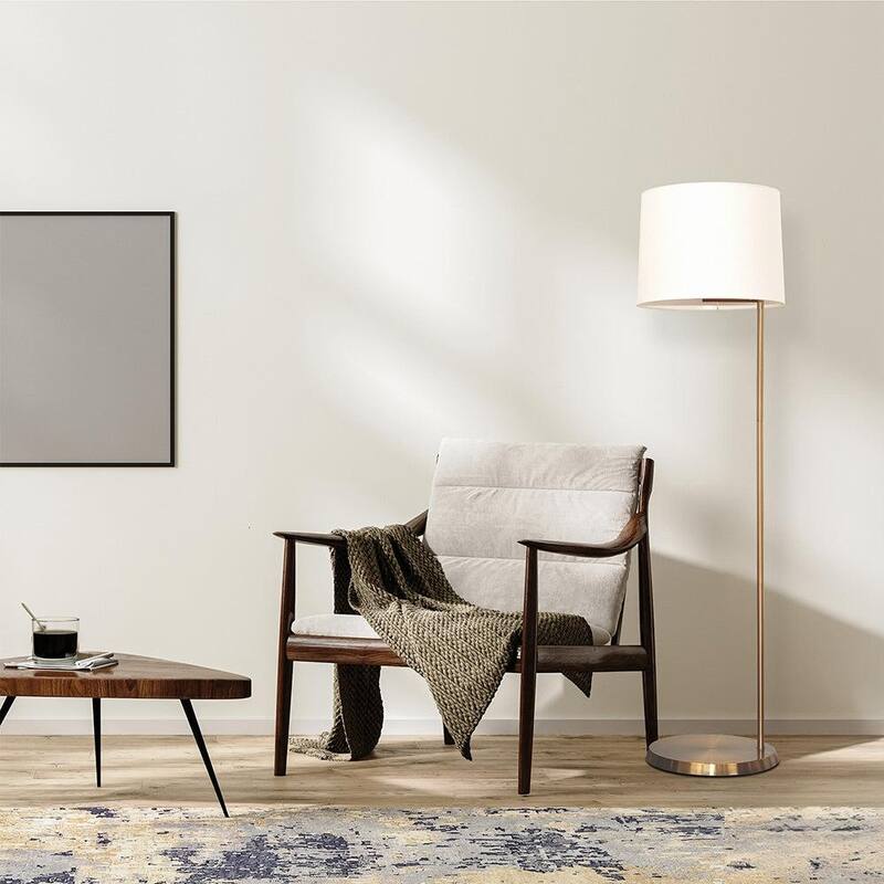 Brass Base Floor Lamp with Drum-shaped Linen Shade - Gold,White