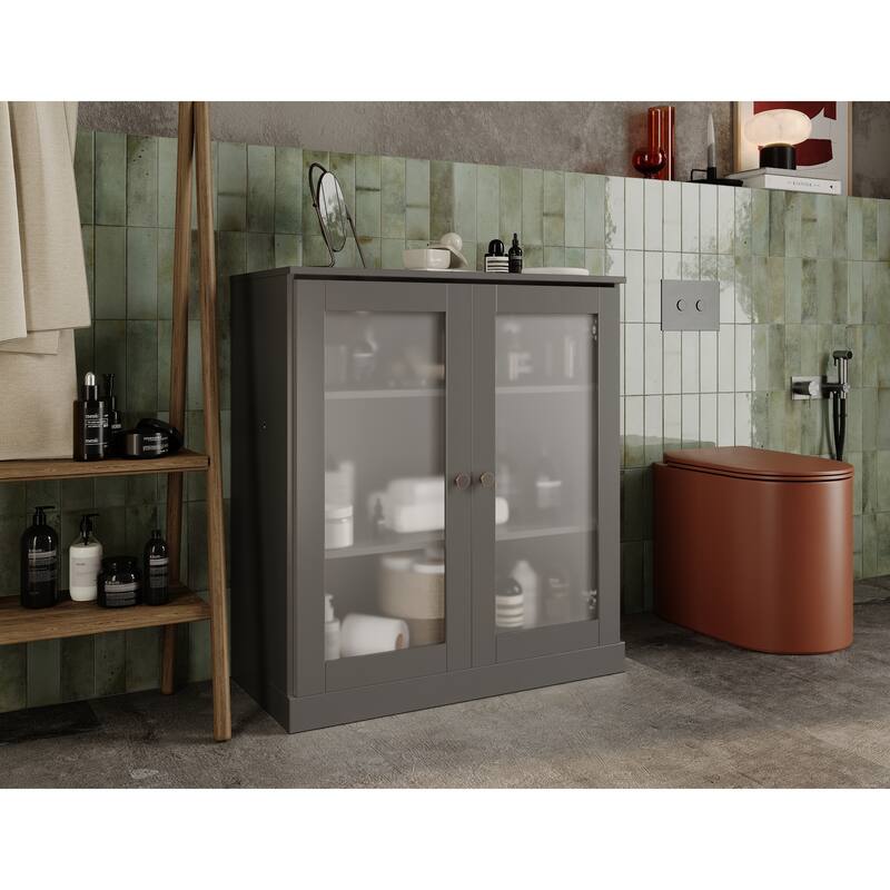 Palace Imports 100% Solid Wood 32" Bathroom Cabinet with Frosted Glass Doors and Adjustable Shelves - Gray