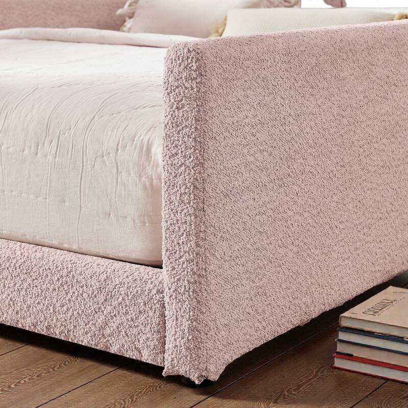 Full Size Upholstered Platform Bed with Rabbit Ear Headboard, Boucle Fabric Kids Bed with Safety Rail and Pocket