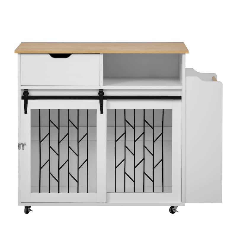 Farmhouse Dog Crate Kitchen Island with Drop Leaf, Pet-Friendly End Table Mobile Kitchen Cart with Storage