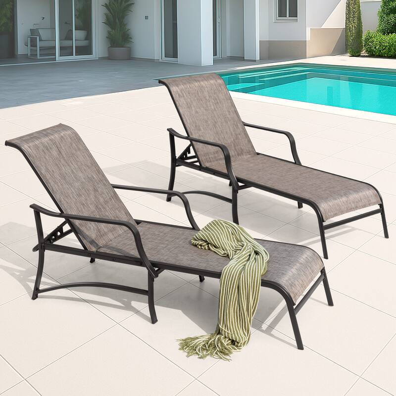 Outdoor Textilene Metal Lounge Chairs Set of 2, 5-Level Adjustable Backrest