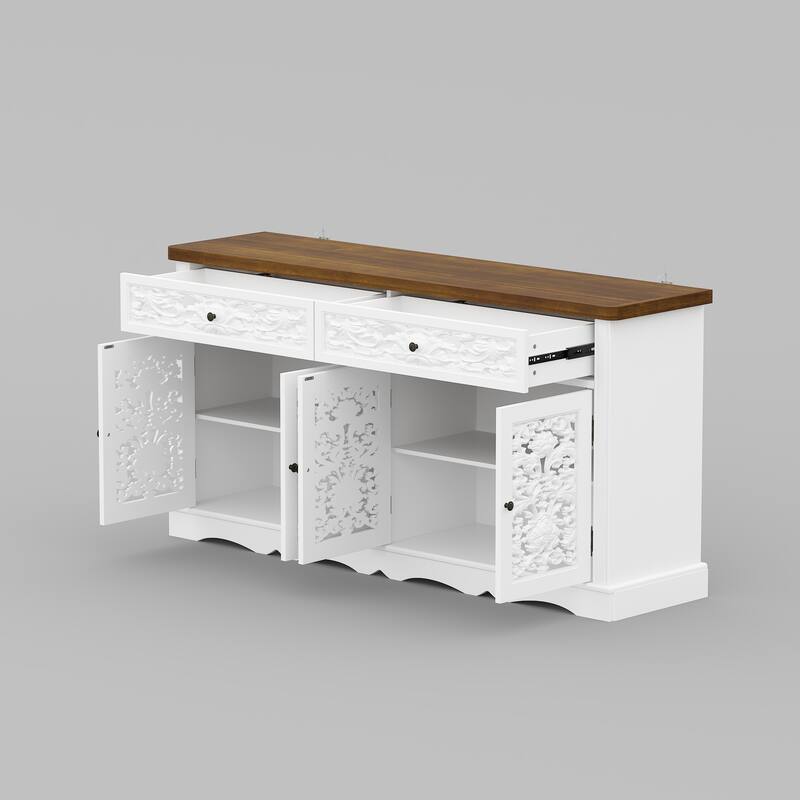 Classic White Sideboard Cabinet with Carved Doors and Rustic Metal Hardware Buffet Display Cabinet