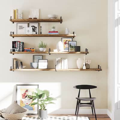 Wallniture Toledo 48 Inch Wooden Shelf for Living Room, Office Shelf, Wall Mounted Bookshelf, Farmhouse, Burnt, 1 Pc