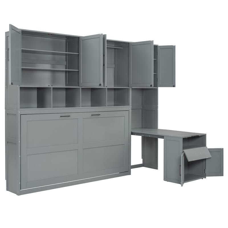 Twin Size Wall-Mounted Murphy Bed with Built-In Closet, Storage Drawers, and Desk - Multifunctional Design