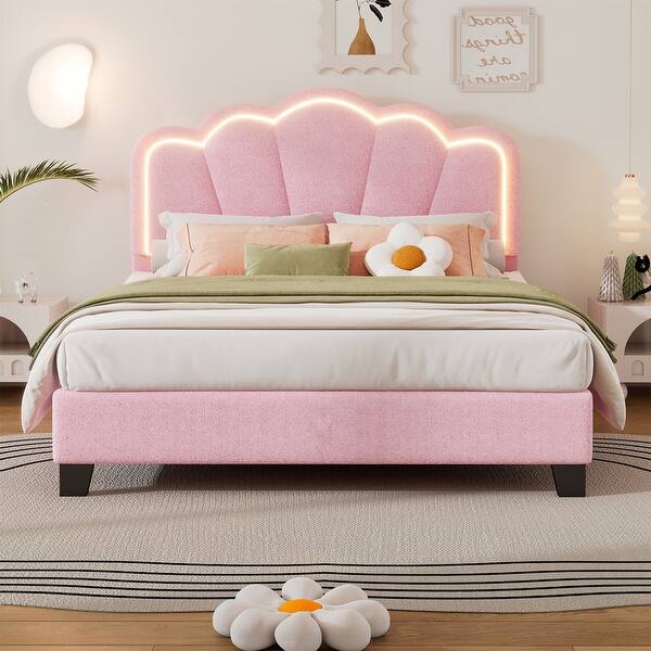 slide 2 of 50, Twin/Full Size Upholstered Bed Frame with Flower Shaped Headboard, Elegant Platform Bed with Wooden Slats Support & LED Light Pink - Full
