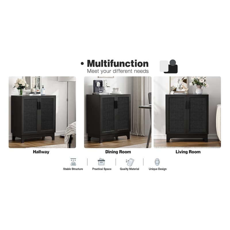 Anmytek Modern 2-Door Black Buffets Sideboards Rattan Kitchen Storage Cabinet with Adjustable Shelf - 31.5" W x 15.7" D x 35" H