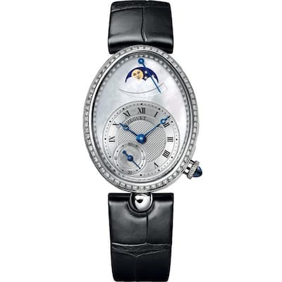 Breguet Reine De Naples White Gold With Black Leather Watch MOP Roman Dial Women's Watch