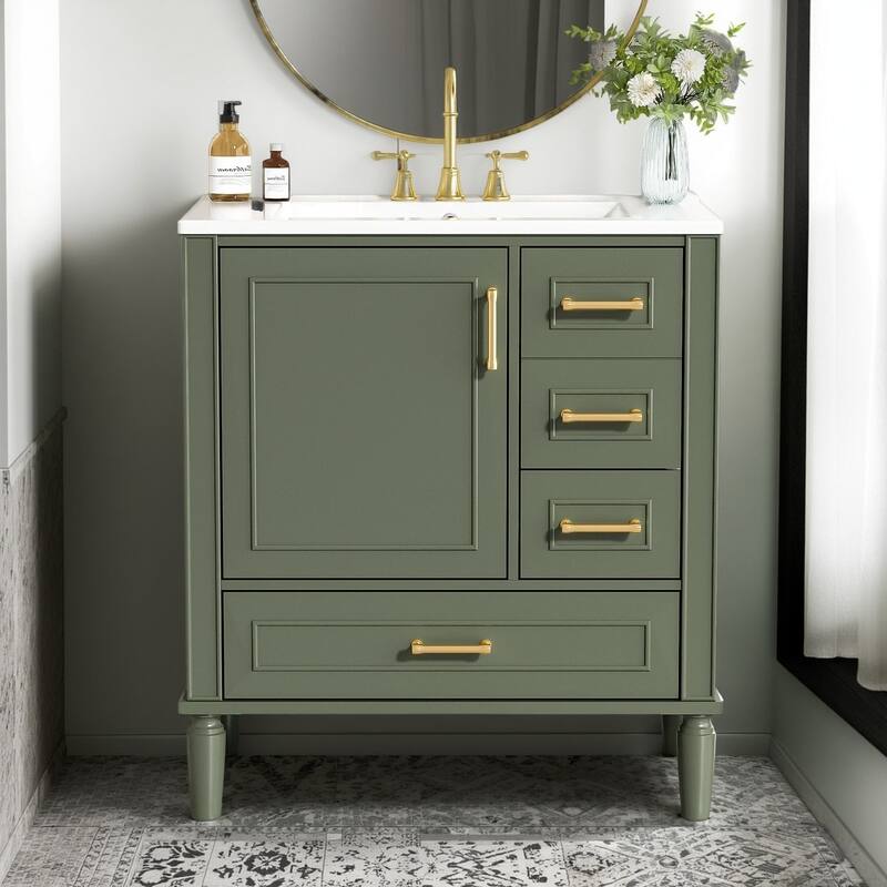 30" Ceramic Sink Bathroom Vanity with Gold Handles, Soft-Close Storage & Space-Saving Design