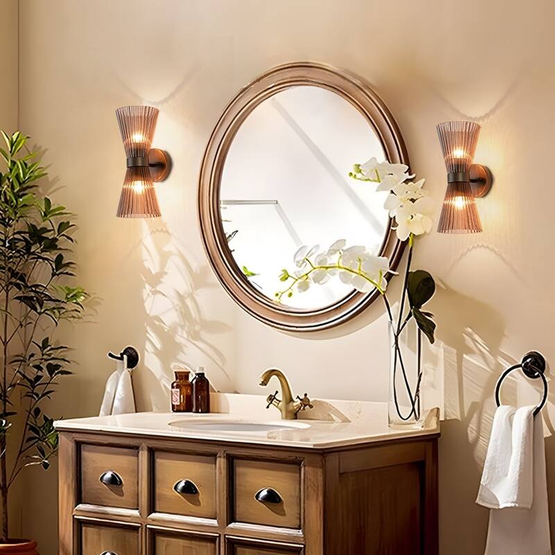 2-Light Hourglass Ribbed Glass Up & Down Wall Lamp Ambient Lighting
