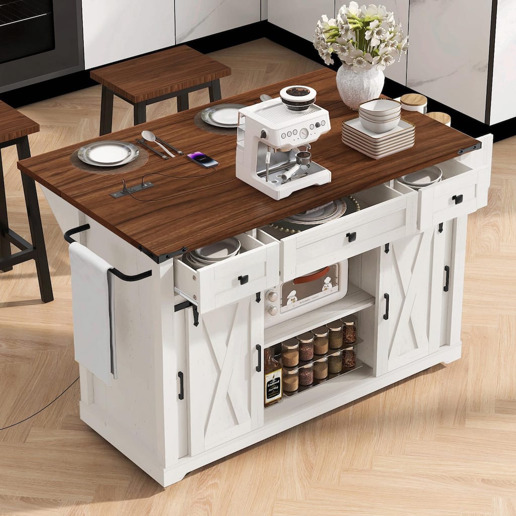 58-inch Farmhouse Kitchen Island with Storage, Sliding Barn Door & Metal Grid Side Door