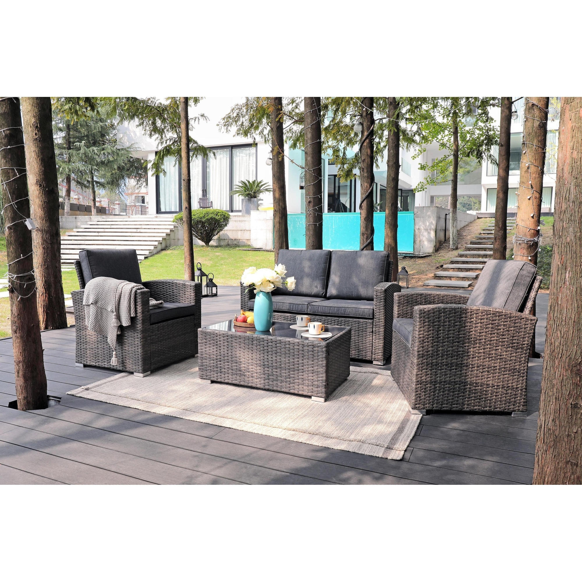 4 Person Patio Rattan Conversation Set with Grey Cushions Outdoor Tempered Glass Table On Sale Bed Bath Beyond 40909185