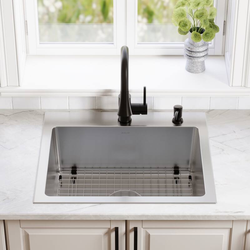 Karran Lansen 25" Top Mount 18 Gauge Single Bowl Stainless Steel Sink with Accessories - Stainless Steel