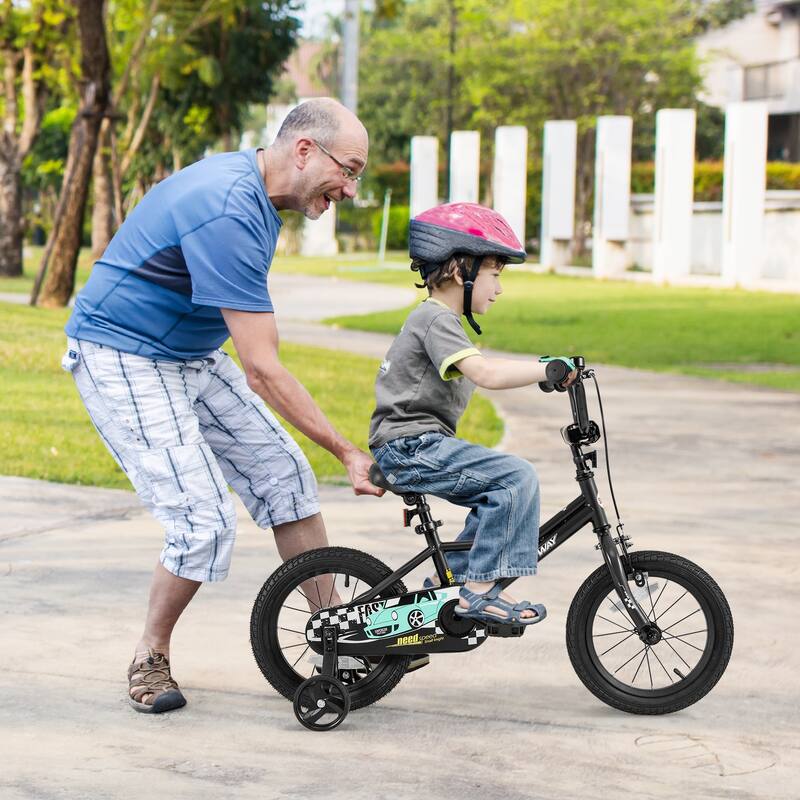 Black Kids Adjustable Bike with Training Wheels and Enclosed Chain Guard Dual Brake System