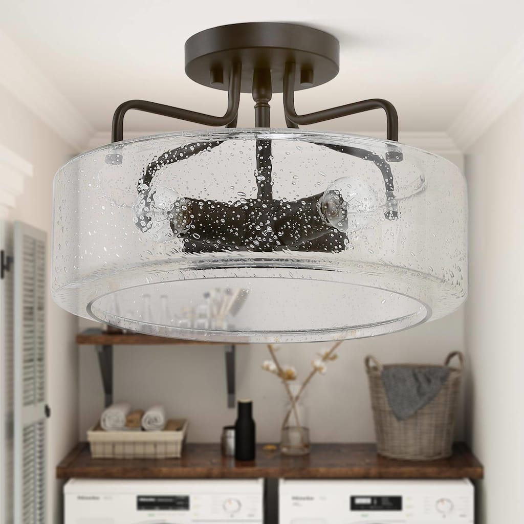 Modern Farmhouse 4-Light Glass Drum Semi-Flush Mount Ceiling Lights - W 12"x H 8"