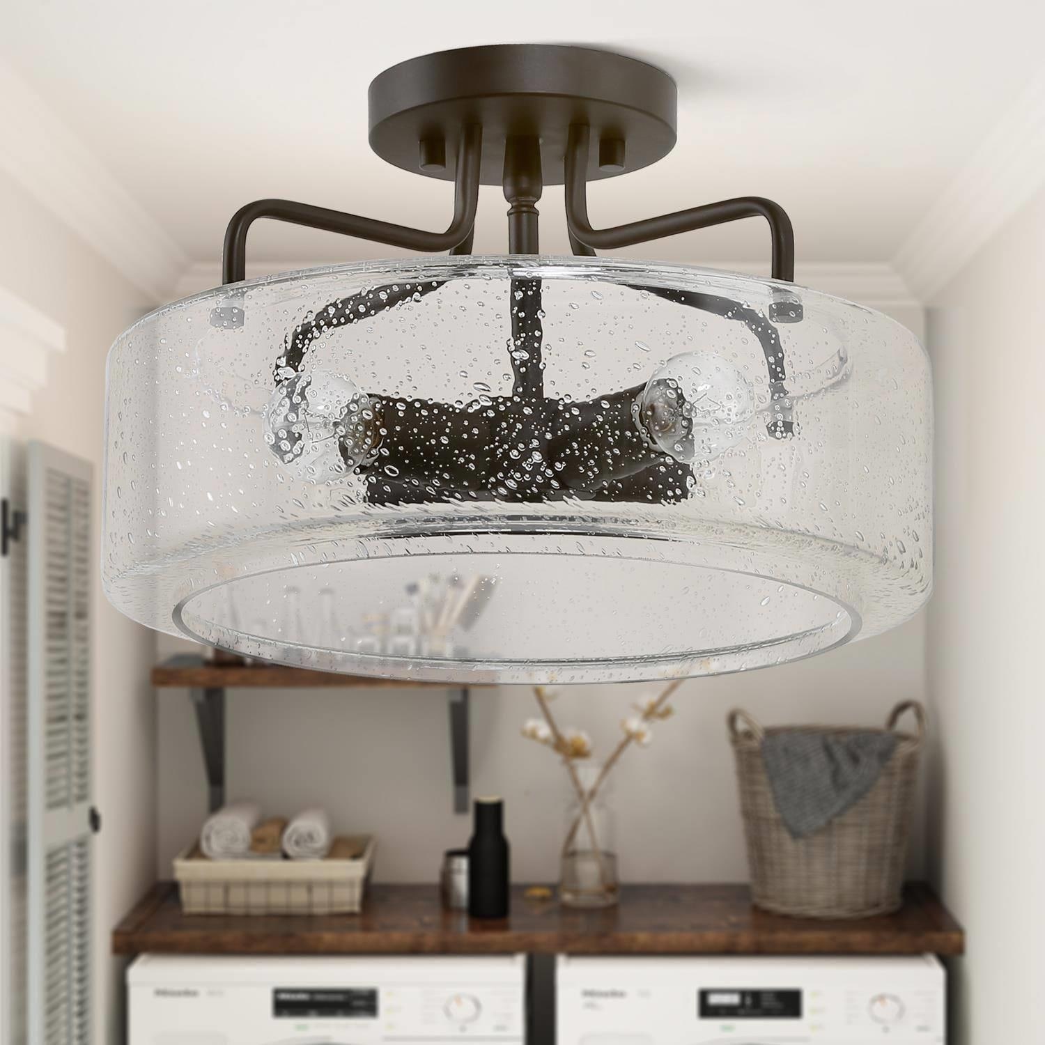 Modern Farmhouse 4-Light Glass Drum Semi-Flush Mount Ceiling Lights - Dia. 12" x H 8"