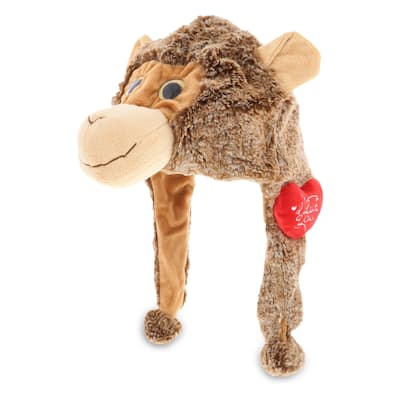 DolliBu I LOVE YOU Super Soft Plush Monkey Hat with Red Heart - 15 inches long