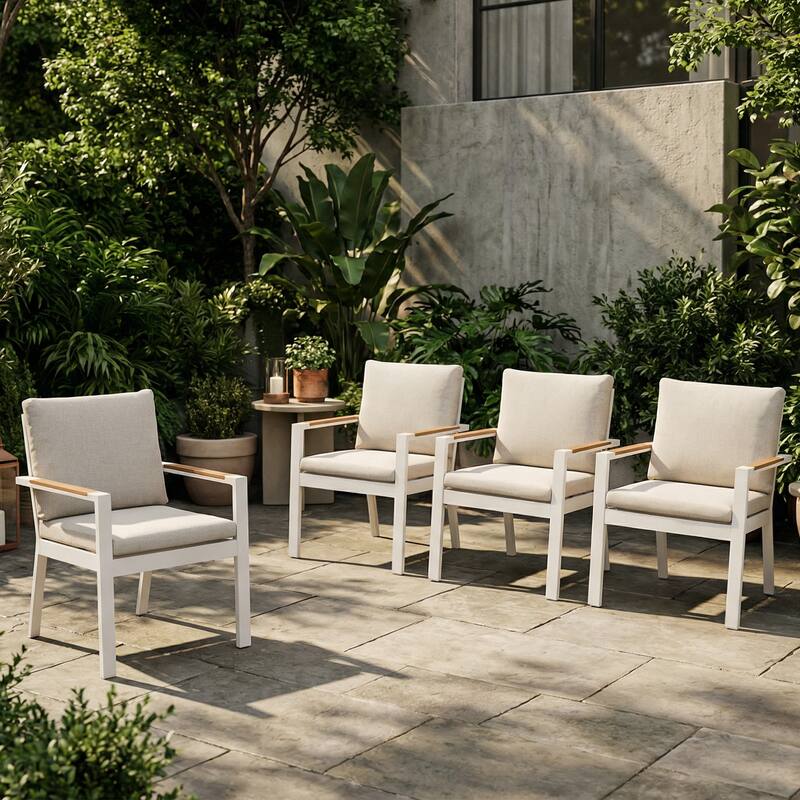 Outdoor Aluminum Dining Chair, Rust-Proof Patio Dining Chairs with Removable Cushions & Faux Wood Armrests