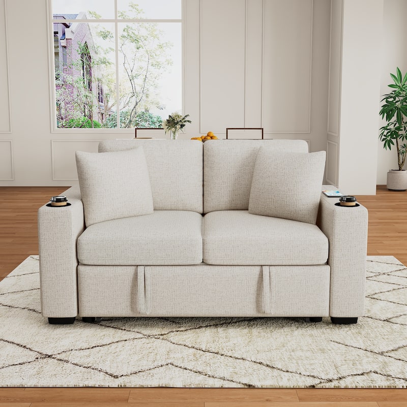 Convertible Sectional Sofa with Pull-out Sofa Bed and Dual Cup Holders