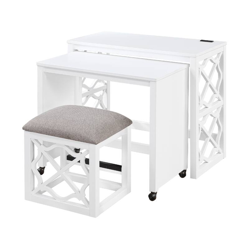 Syna 3 Piece Nesting Desk and Stool Set, White Wood, Gray Polyester