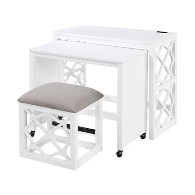 Syna 3 Piece Nesting Desk and Stool Set, White Wood, Gray Polyester
