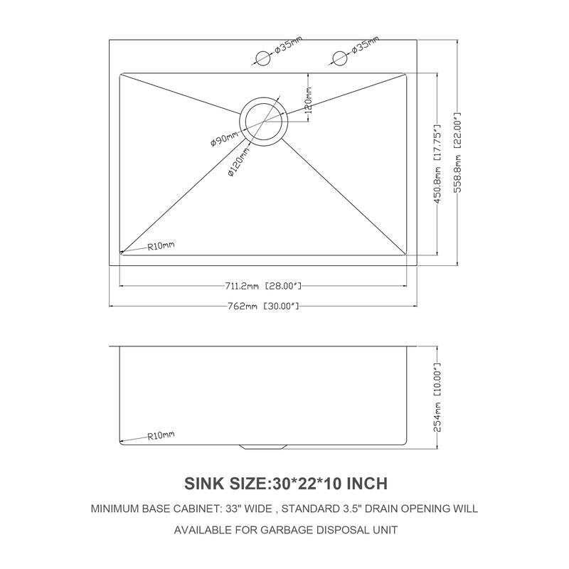30x22-inch Single Drop In Bowl Sink 16 Gauge Kitchen Sinks - 30" x 22" x 10"