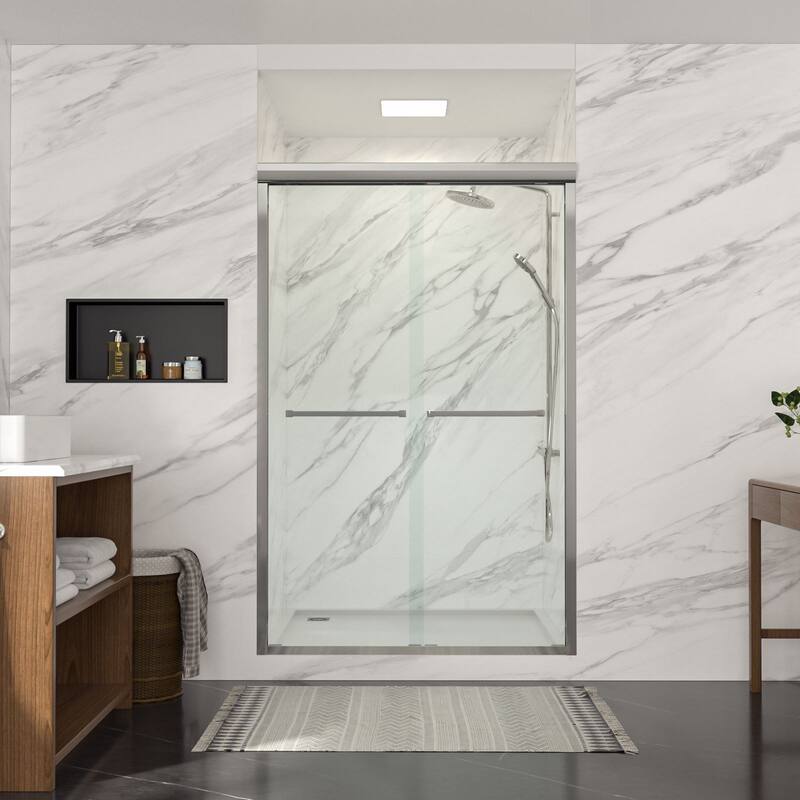 48 - 48 4/5 in. W x 76 in. H Double Sliding Semi Frameless Shower Door 3/8 Clear Tempered Glass