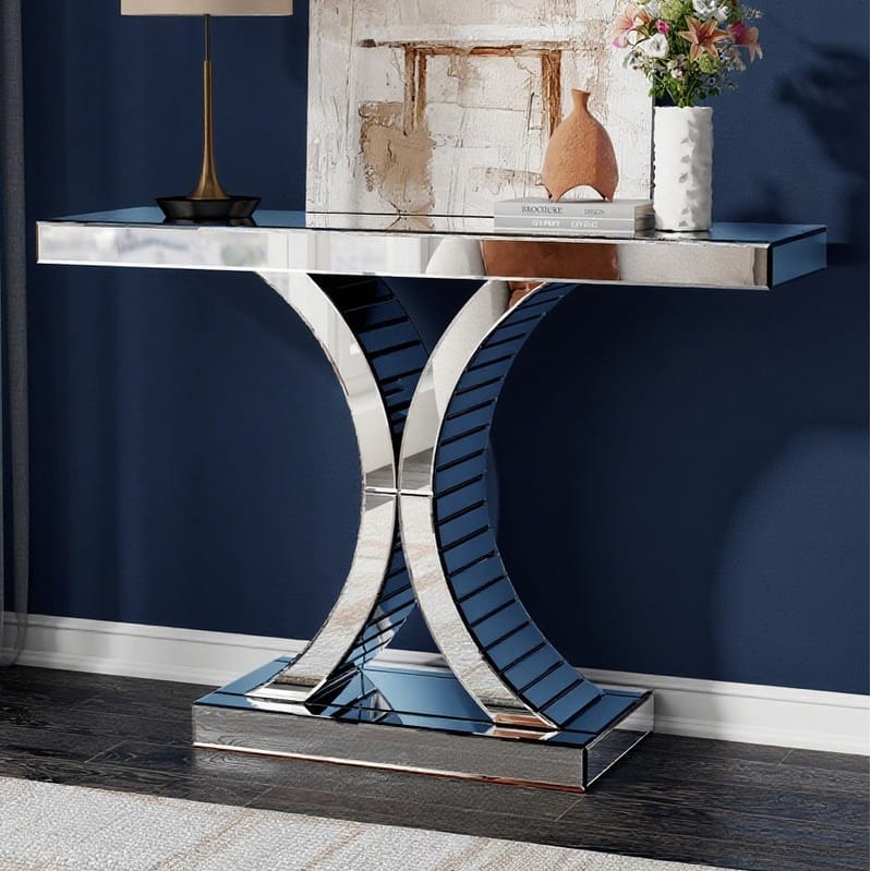 Mirrired Accent Table Console Table X-Cross Sofa Table - Silver