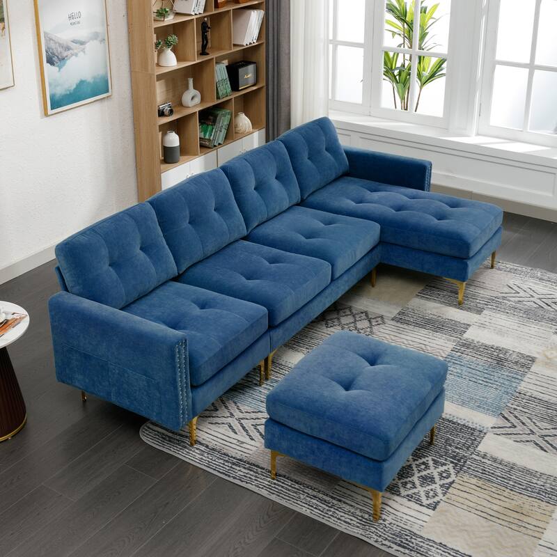 L Shaped Convertible Sectional Sofa with Ottoman, Velvet Fabric 5 Seater Sofa, Upholstered Sofa with Chaise & Storage Pockets