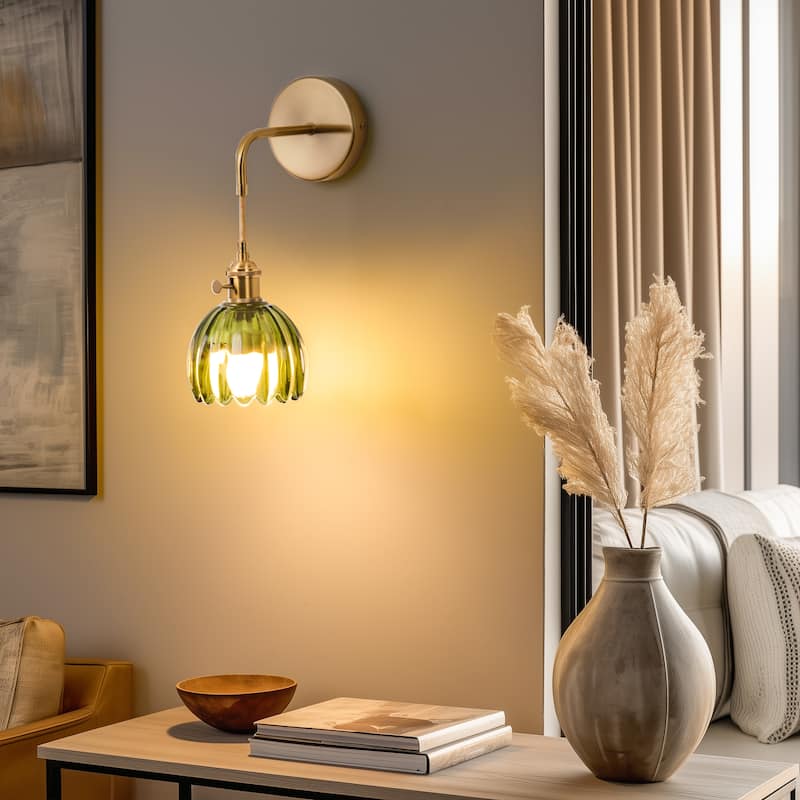 Set of 2 Battery Operated Wireless Sconce with Green Glass Lampshade