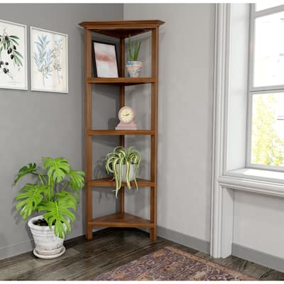 Edenton Tall Wood Corner Bookcase with 4 Shelves, Walnut