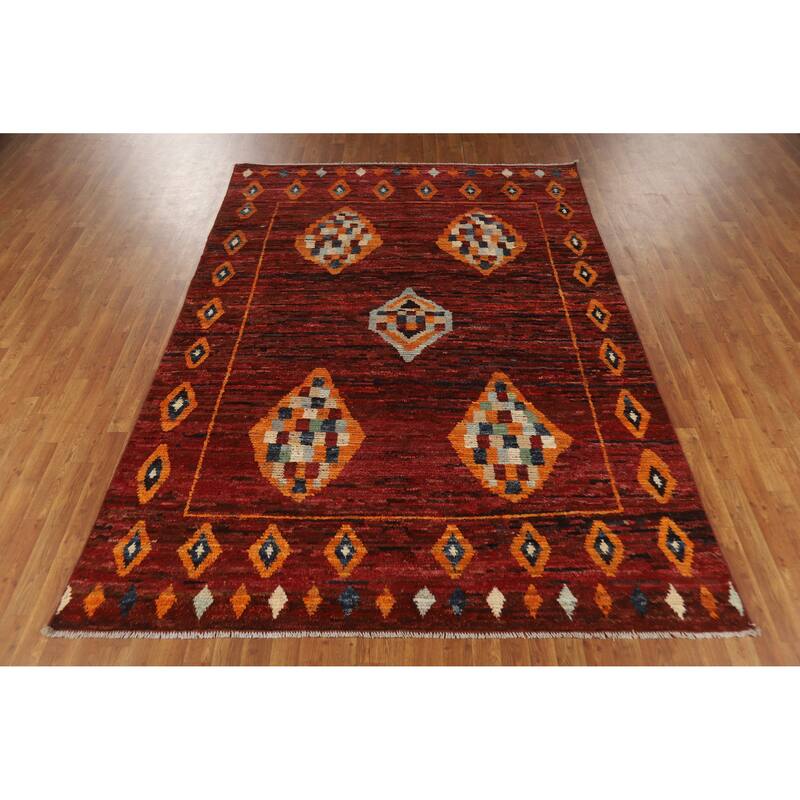 Geometric Moroccan Oriental Rug Handmade Red Wool Carpet - 6'9" x 9'11"