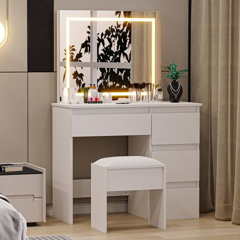 Vanity Desk with Touch Light Mirror - White
