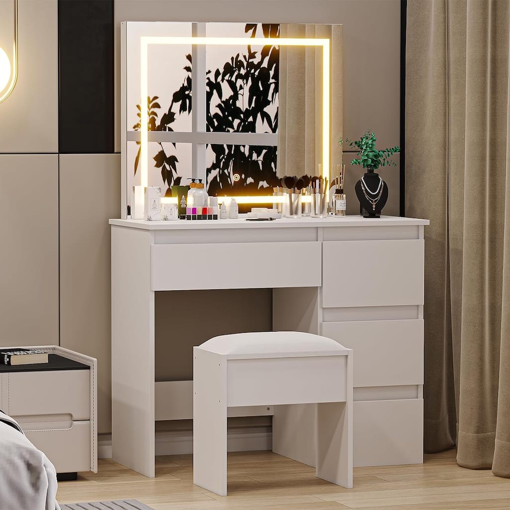 Vanity Desk with Touch Light Mirror - White