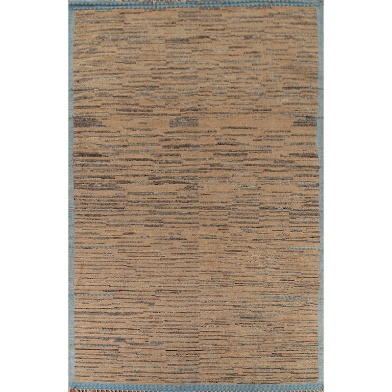 Brown Striped Moroccan Modern Area Rug Hand-Knotted Wool Carpet - 8'9"x 13'0"