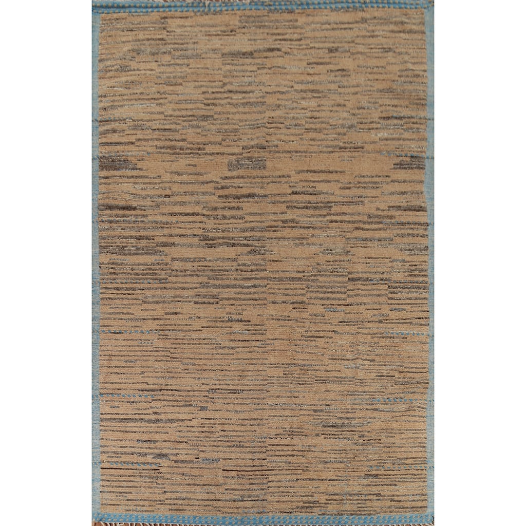 Brown Striped Moroccan Modern Area Rug Hand-Knotted Wool Carpet - 8'9"x 13'0"