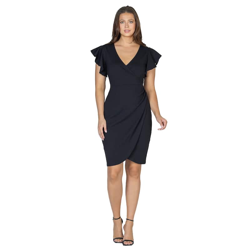 24seven Comfort Apparel Womens V Neck Ruffle Sleeve Knee Length Dress - Black - L