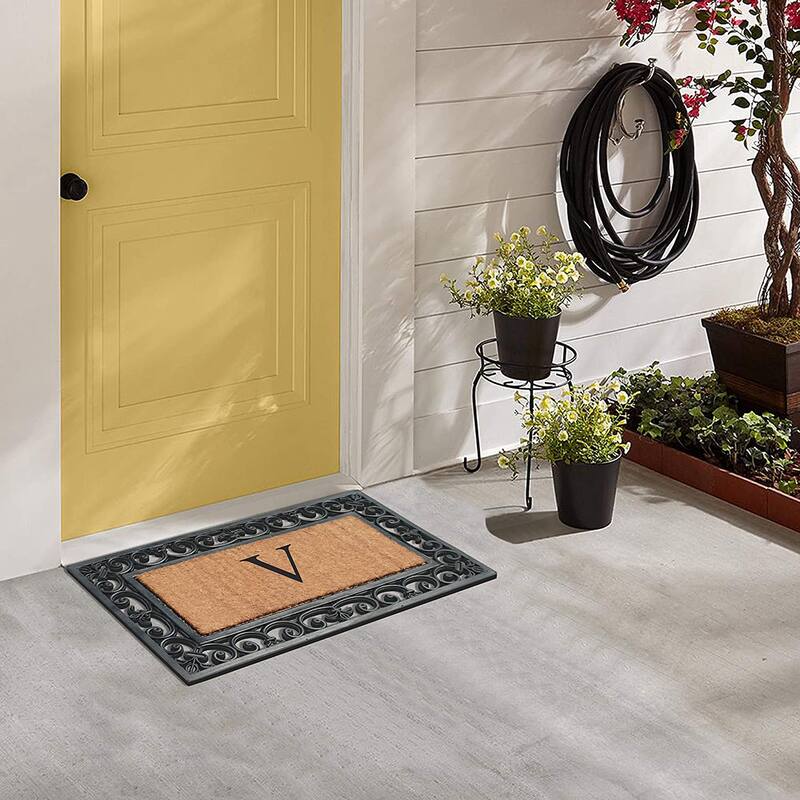 A1HC Rubber and Coir Paisley Border Monogrammed Outdoor Doormat Black, 18"X30"