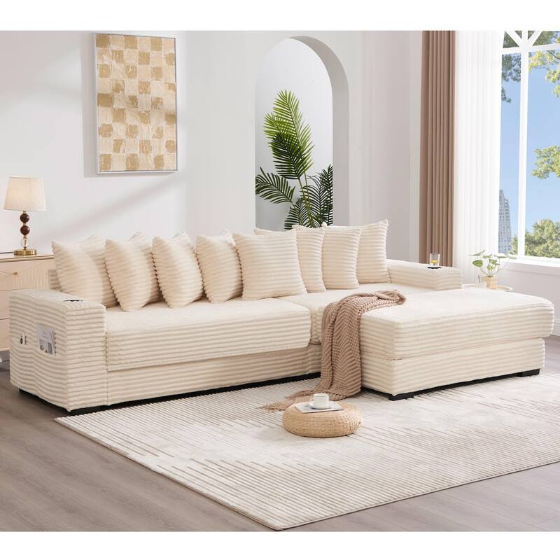 110.75" Corduroy Sectional Sofa, Convertible Sleeper Sofa Bed L-Shaped Upholstered Couch with Removable Footstool, Cup Holder