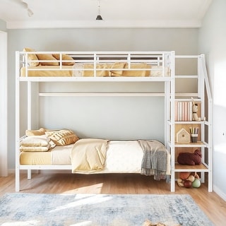 Twin Over Twin Metal Bunk Bed with Ladder and Wardrobe, White