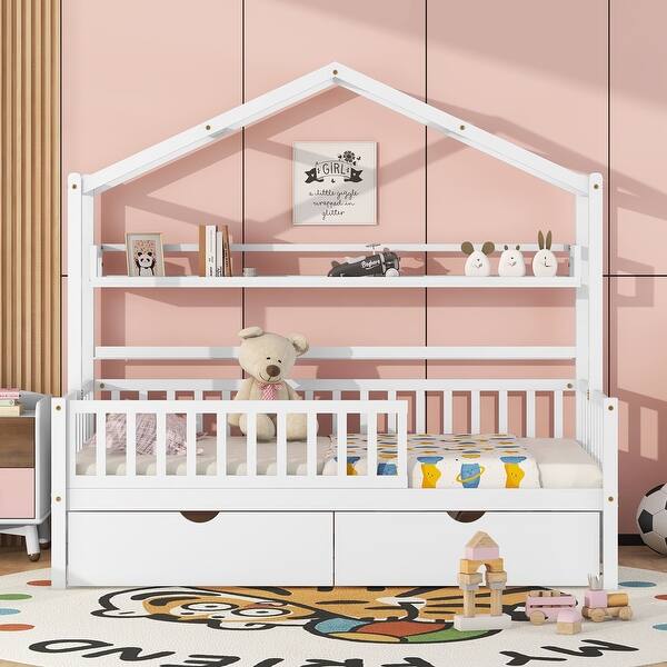 slide 2 of 10, Wooden Twin Size House Bed w/Storage Shelf & 2 Drawers, Daybed Frame