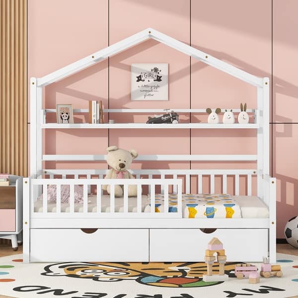 slide 2 of 21, Wooden Twin Size House Bed with 2 Drawers and Shelf, Playhouse Design White - Twin